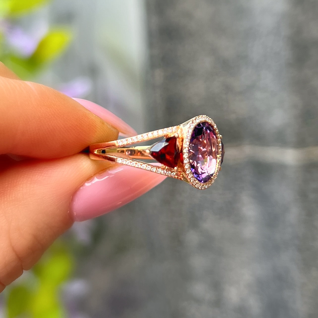 18ct Rose Gold Purple Amethyst, Red Garnet and Diamond Ring - Size M