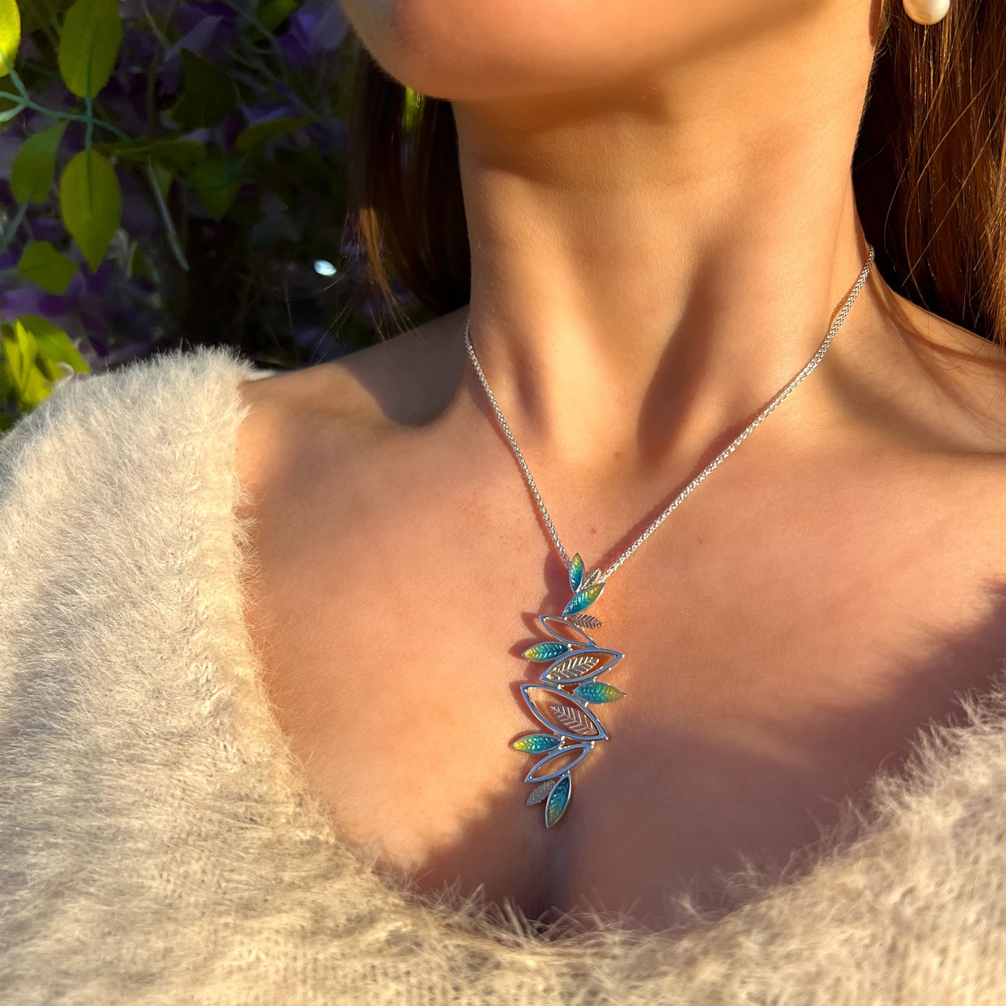 Sterling Silver Sheila Fleet Blue & Green Enamel Leaf Necklac