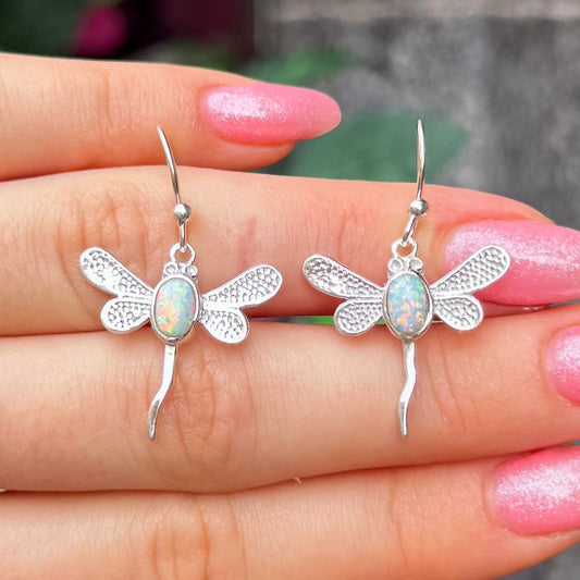 White Opal Sterling Silver Butterfly Drop Earrings