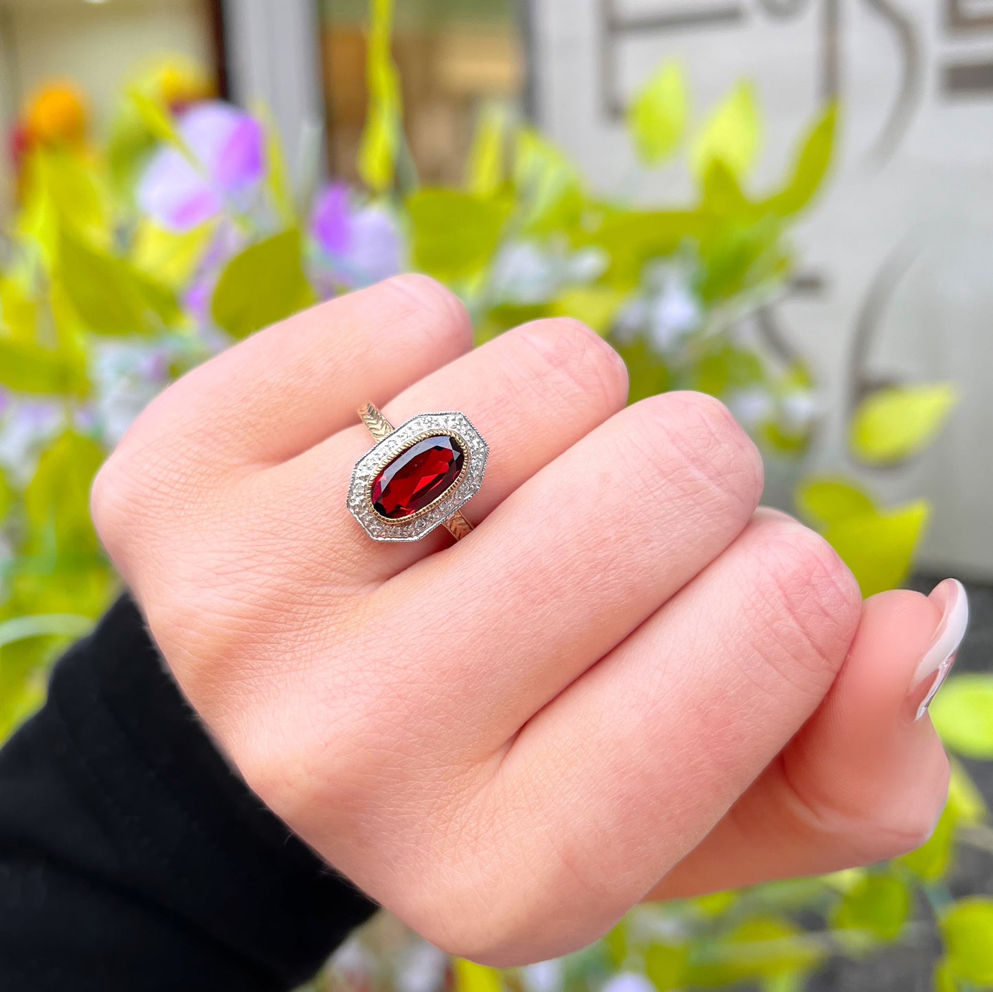 The Anna Ring - Art Deco Inspired 9ct Yellow Gold, Red Garnet and Diamond Ring Size L ½