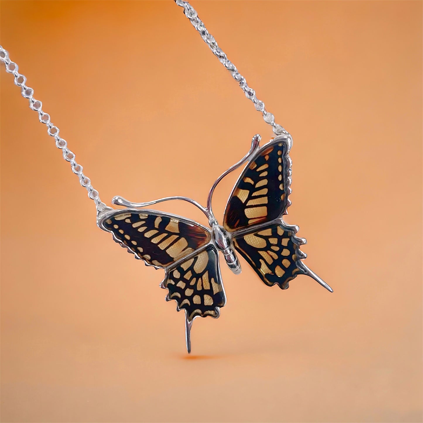 Large Sterling Silver Amber Blue Morpho Butterfly Necklace