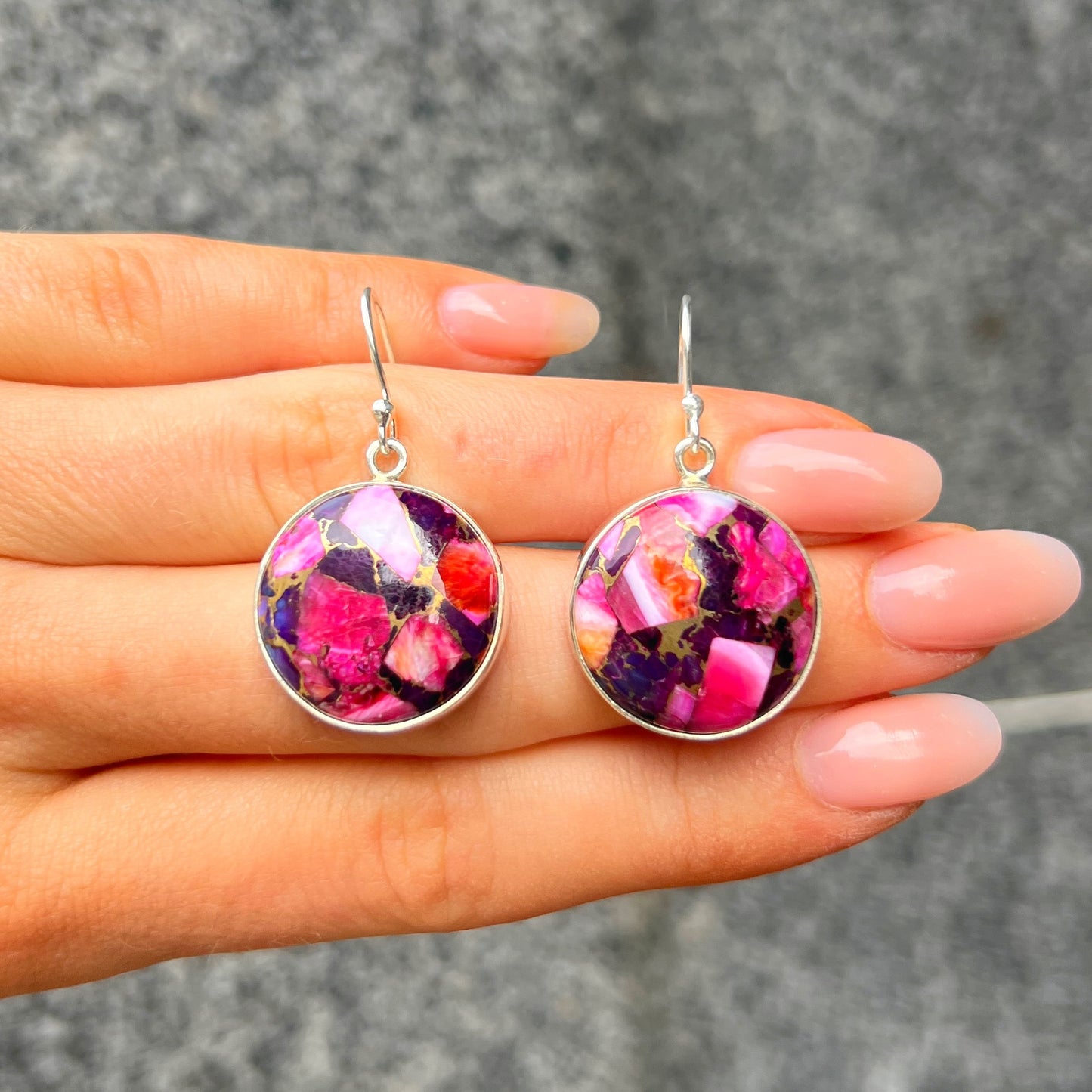 RARE Pink & Purple Dahlia Turquoise Sterling Silver Drop Earrings