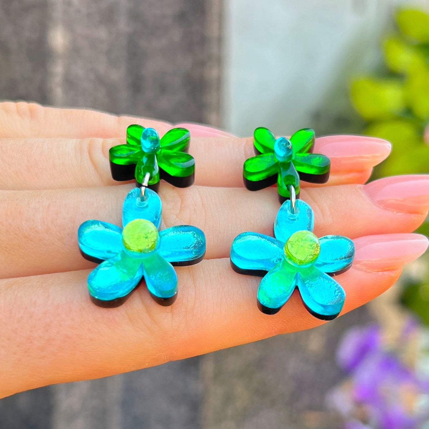 ‘Watch This Space’ Green & Blue Flower Earrings