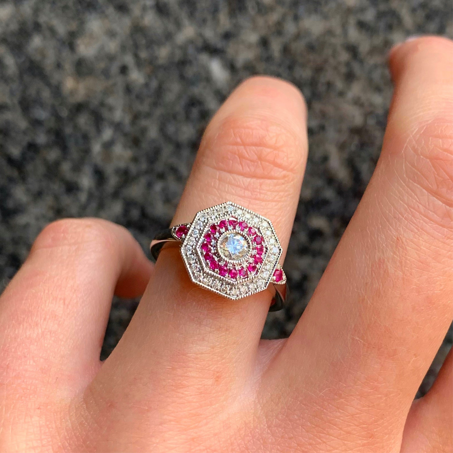 18ct White Gold Art Deco Reproduction Ruby and Diamond Halo Cluster Ring - Size N ½