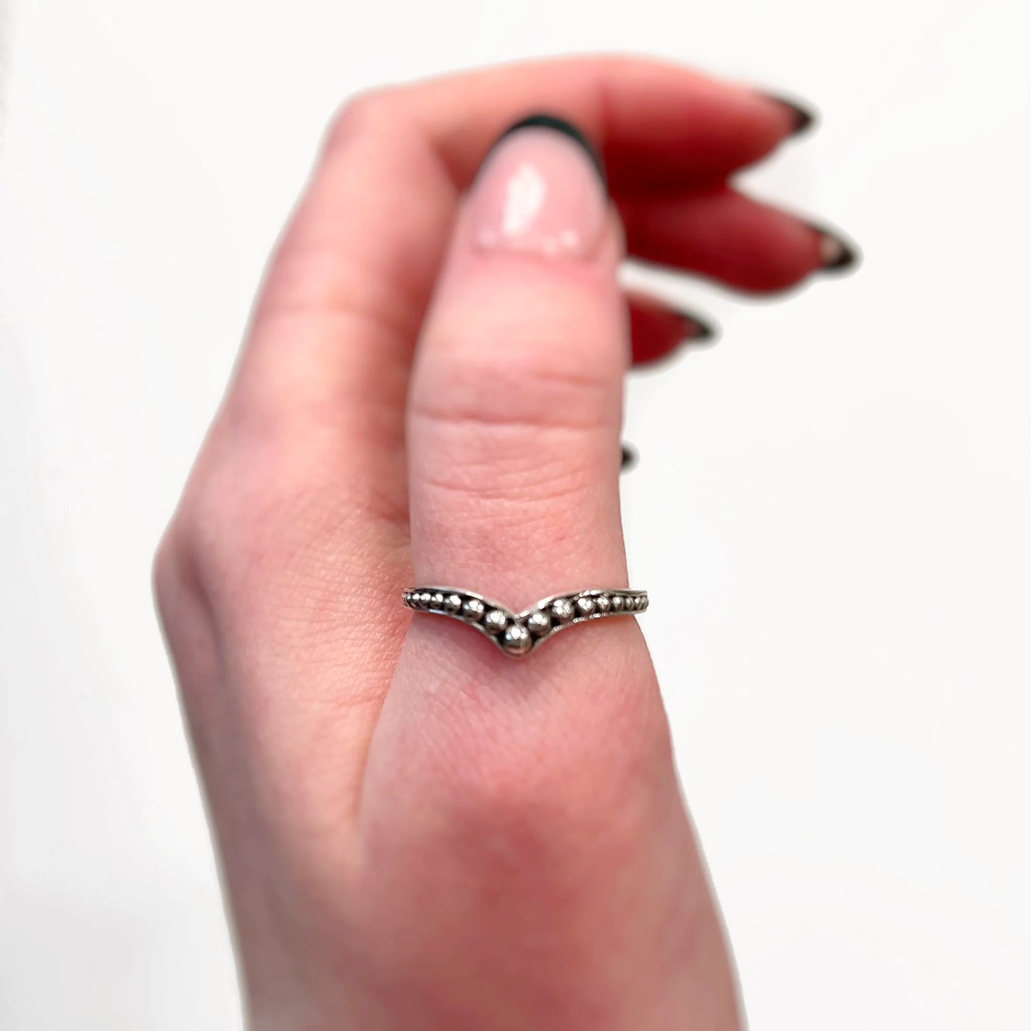 Sterling Silver Beaded Wishbone Ring - K ½