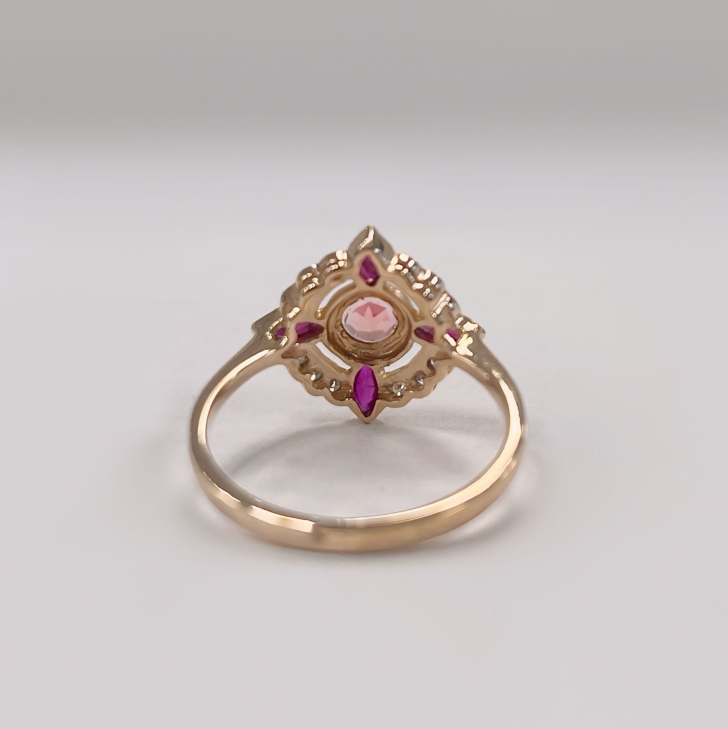 Edwardian Inspired 9ct Yellow Gold Pink Tourmaline Ruby And Diamond Ring - SIZE O