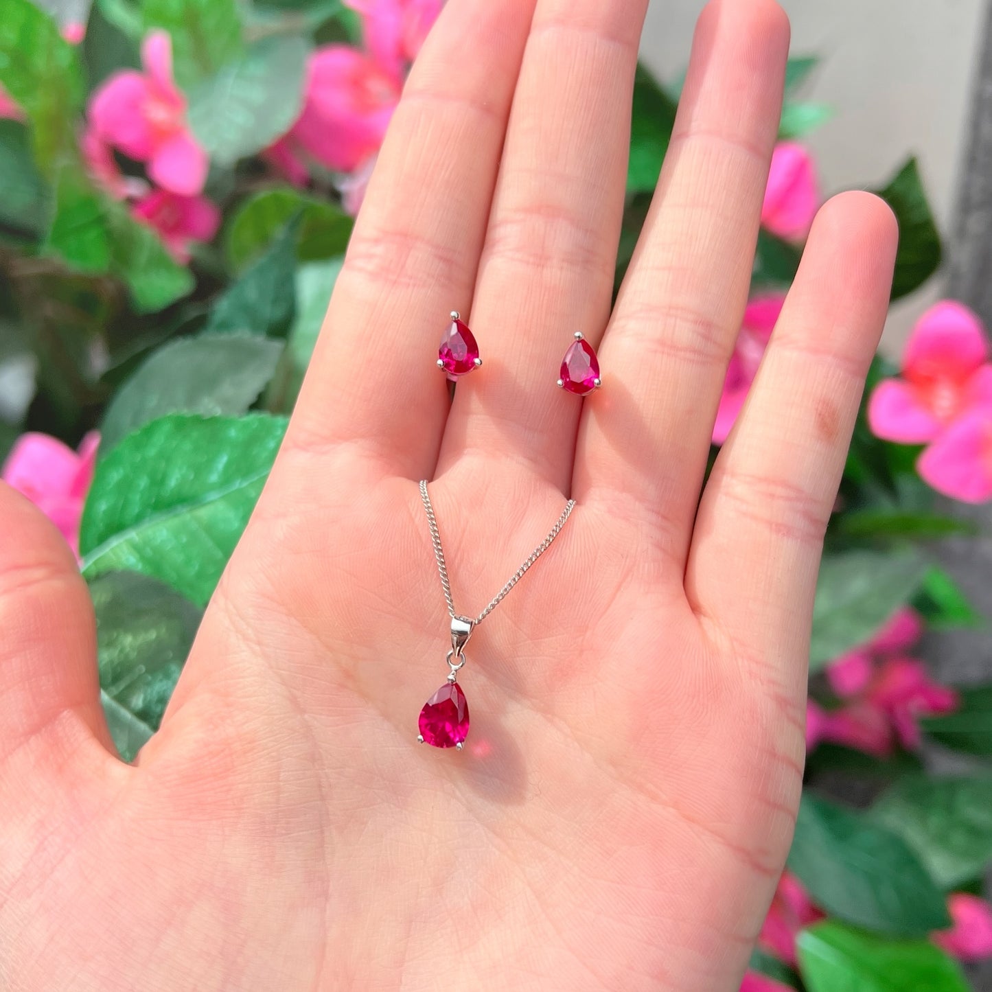 Sterling Silver Pear-Cut Lab-Grown Ruby Matching Necklace and Earring Set