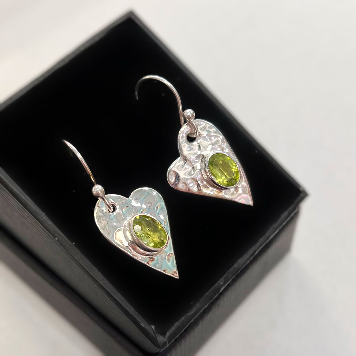 Sterling Silver Peridot Hammered Heart Drop Earrings
