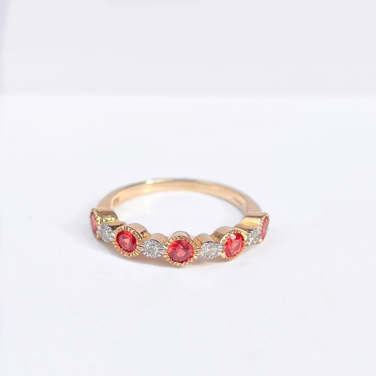 RARE 9ct Yellow Gold Orange Sapphire and Diamond Half Eternity Ring - Size O