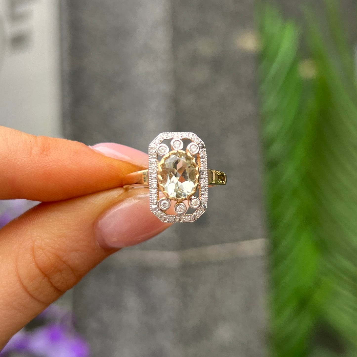 9ct Yellow Gold Green Amethyst and Diamond Ring - Size M