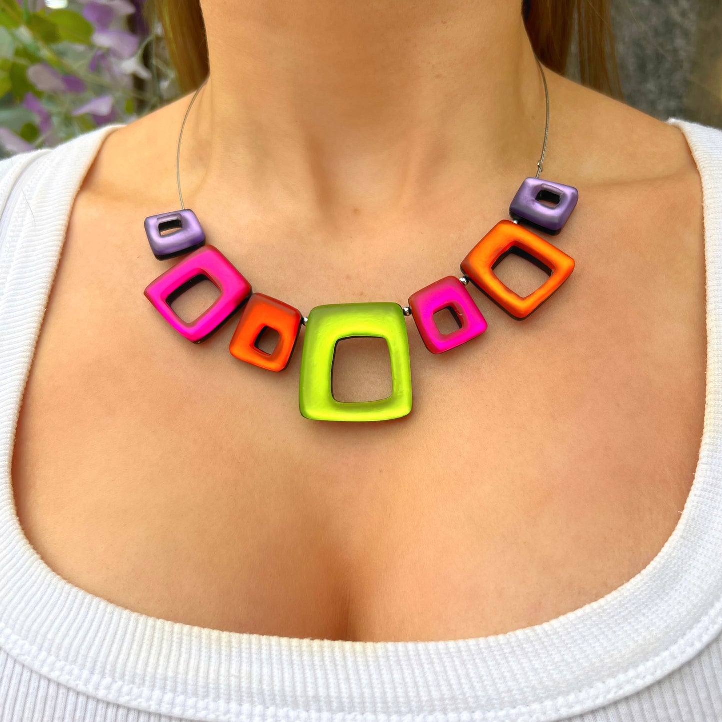 ‘Watch This Space’ Sherbet Pink, Purple, Green & Orange Square Necklace