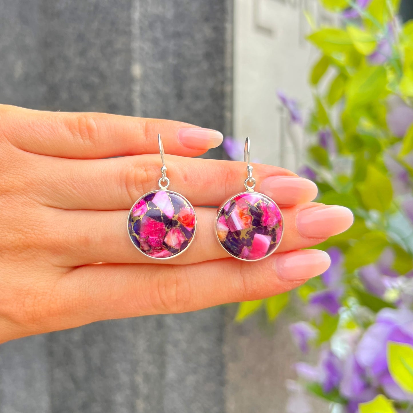 RARE Pink & Purple Dahlia Turquoise Sterling Silver Drop Earrings