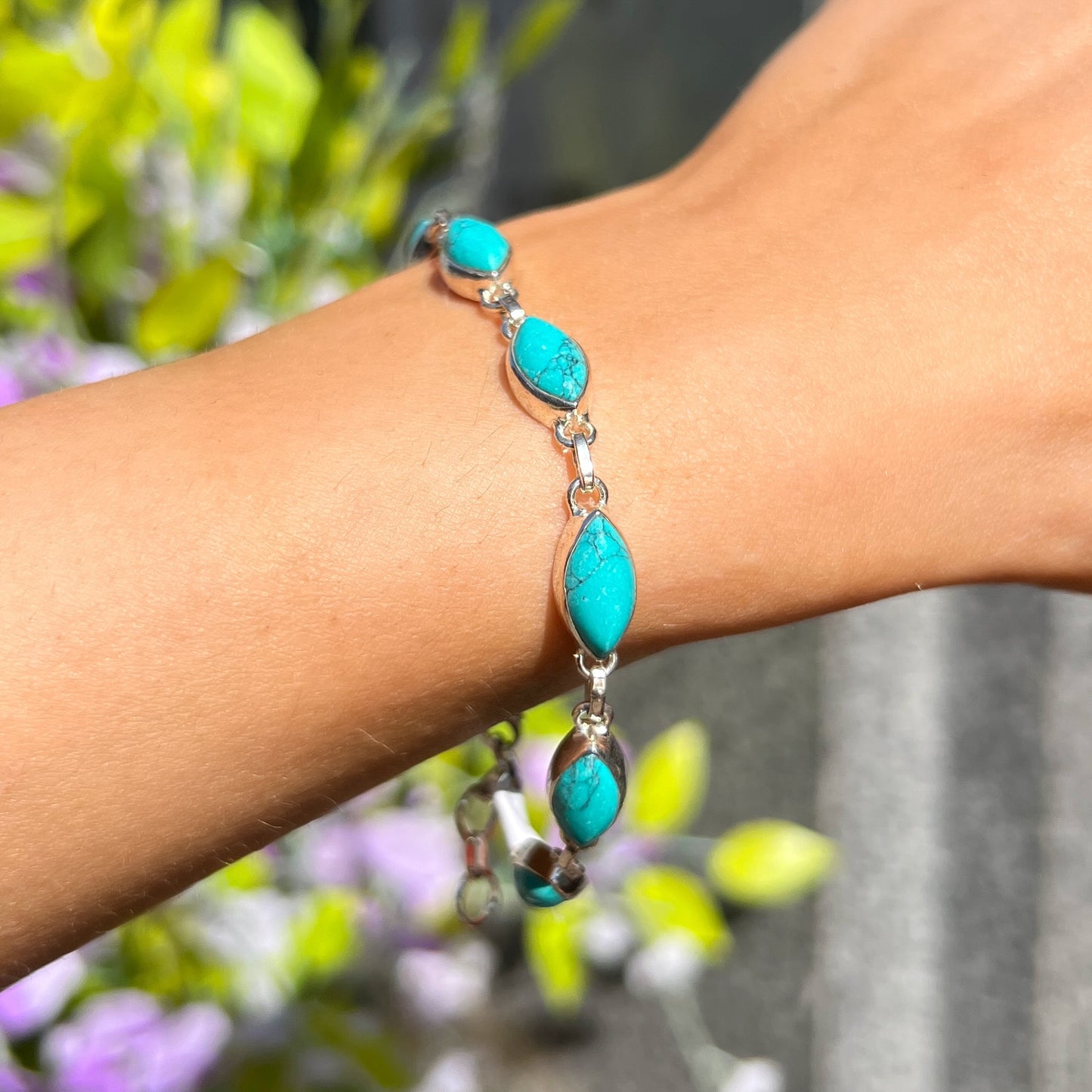 Blue Marquise Cut Turquoise Sterling Silver Bracelet