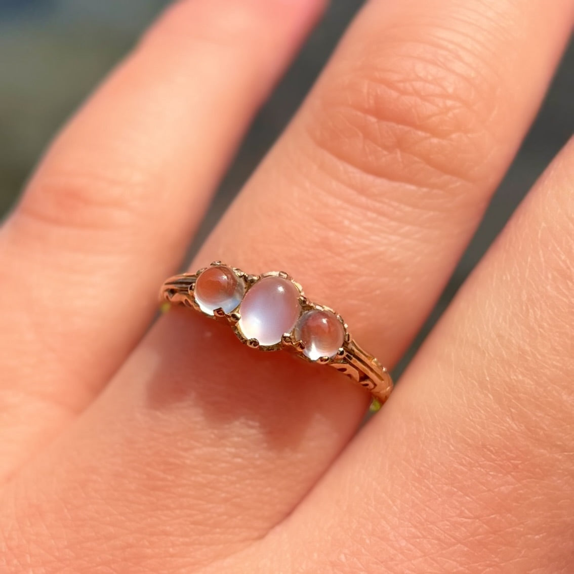 Antique Inspired 9ct Yellow Gold Moonstone Dainty Trilogy Ring - Size M