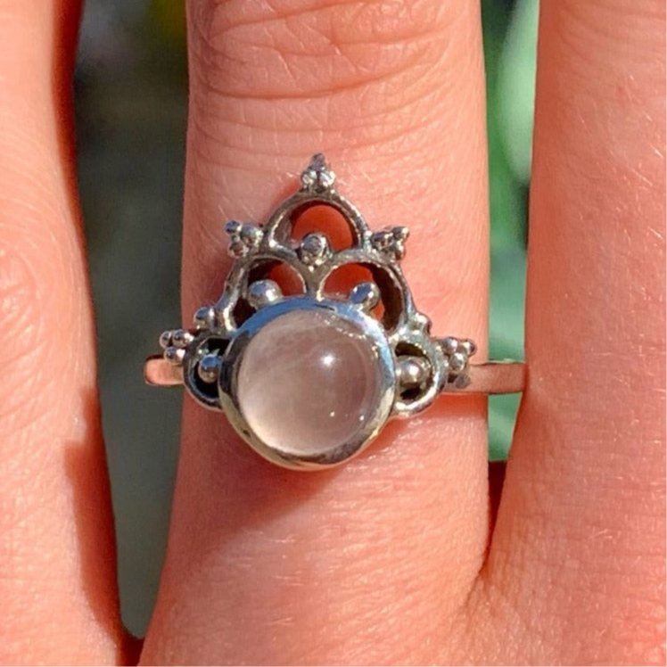 Sterling Silver Filigree Rose Quartz Ring - Size K ½