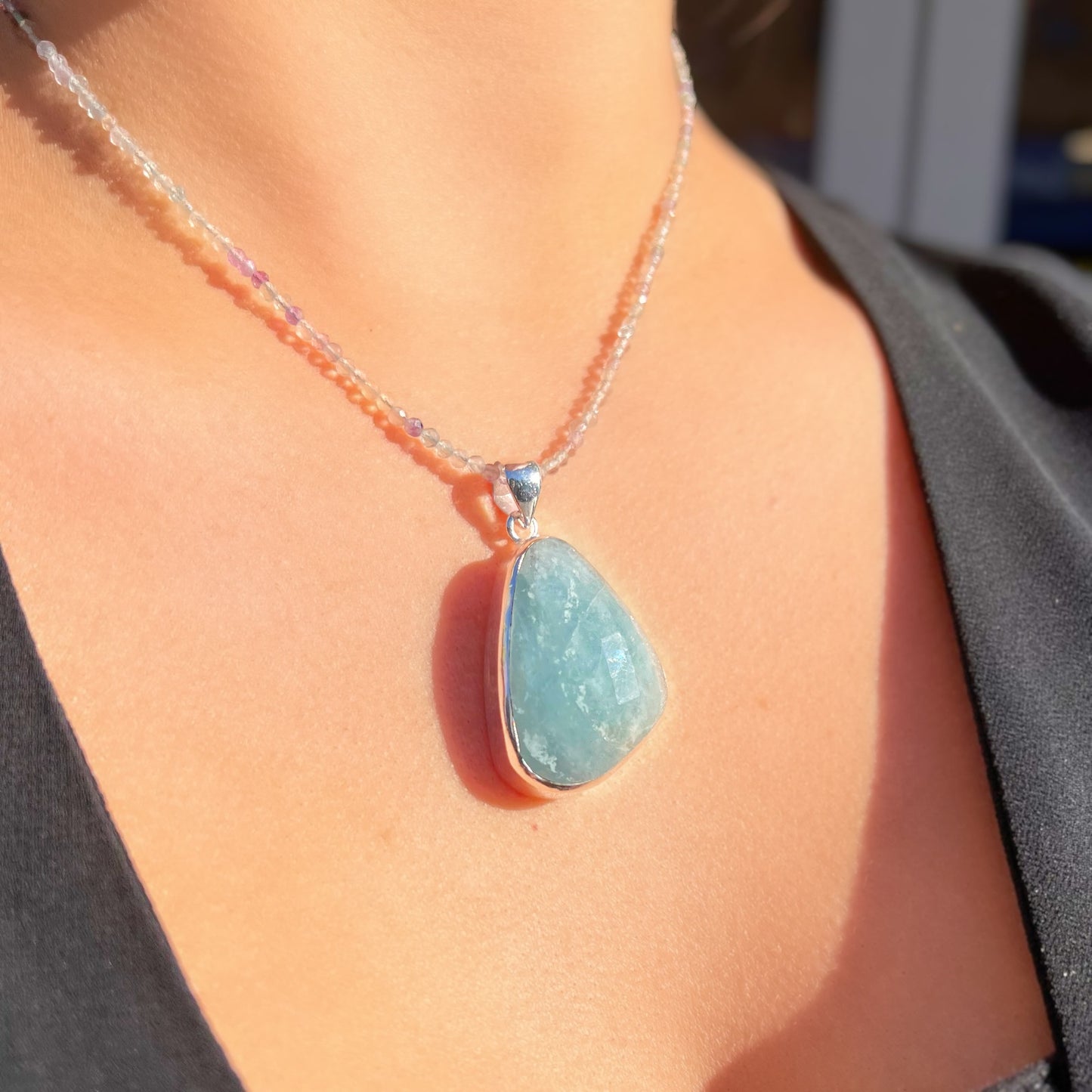 Chunky Sterling Silver Dreamy Aquamarine and Fluorite Beaded Chain Necklace