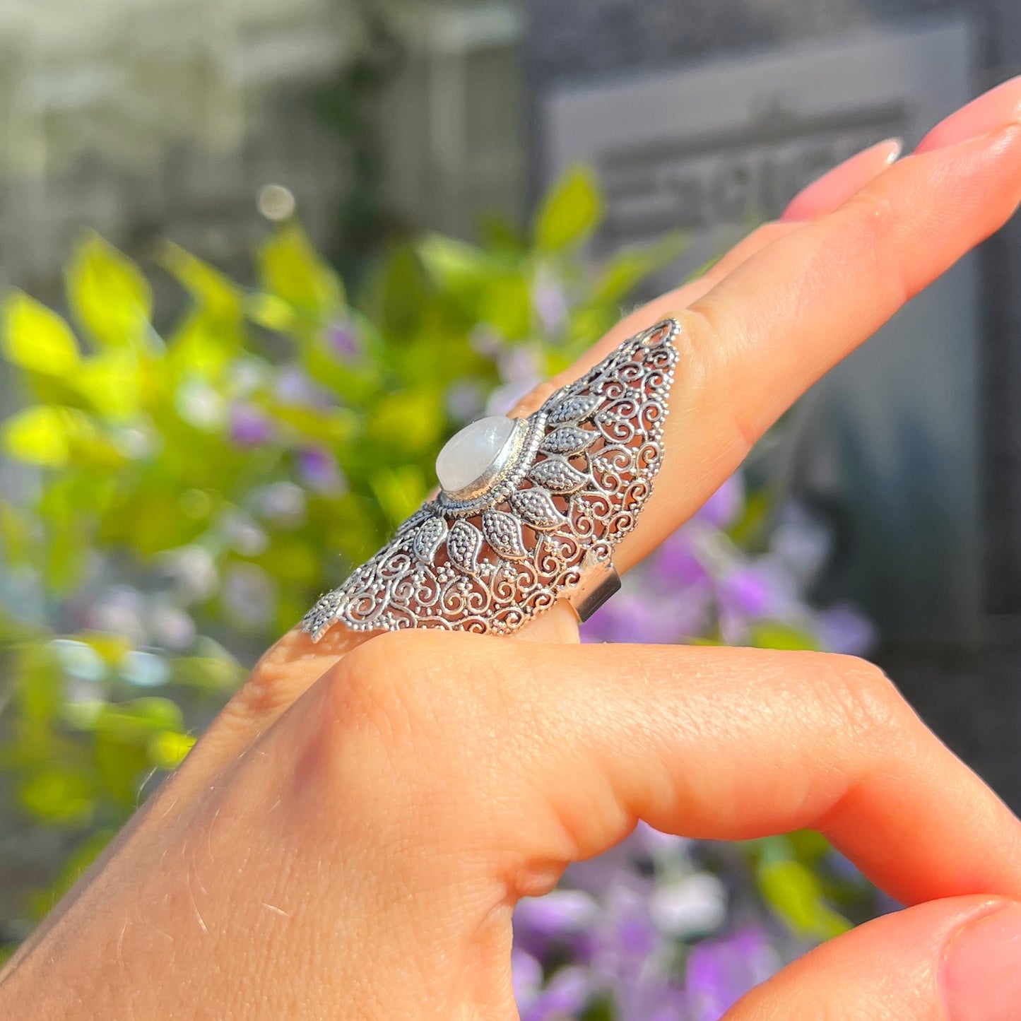 XL Chunky Sterling Silver Boho White Labradorite Ring - Size M