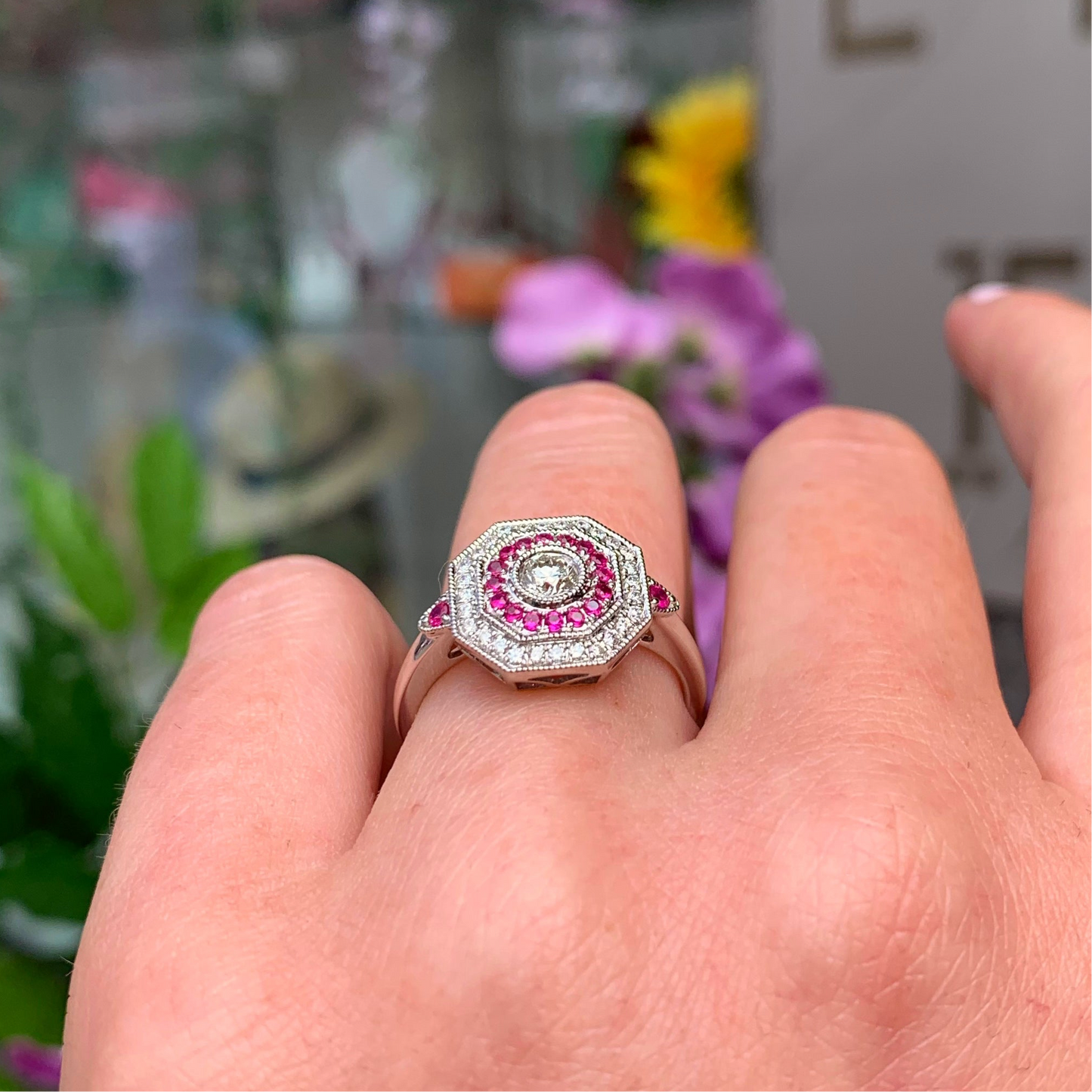 18ct White Gold Art Deco Reproduction Ruby and Diamond Halo Cluster Ring - Size N ½