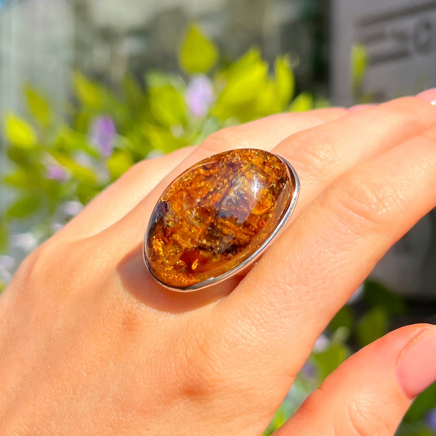 Super Chunky Sterling Silver Orange Amber Ring - adjustable