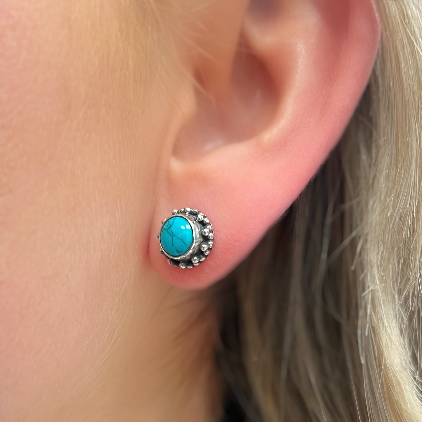 Sterling Silver Detailed Turquoise Stud Earrings