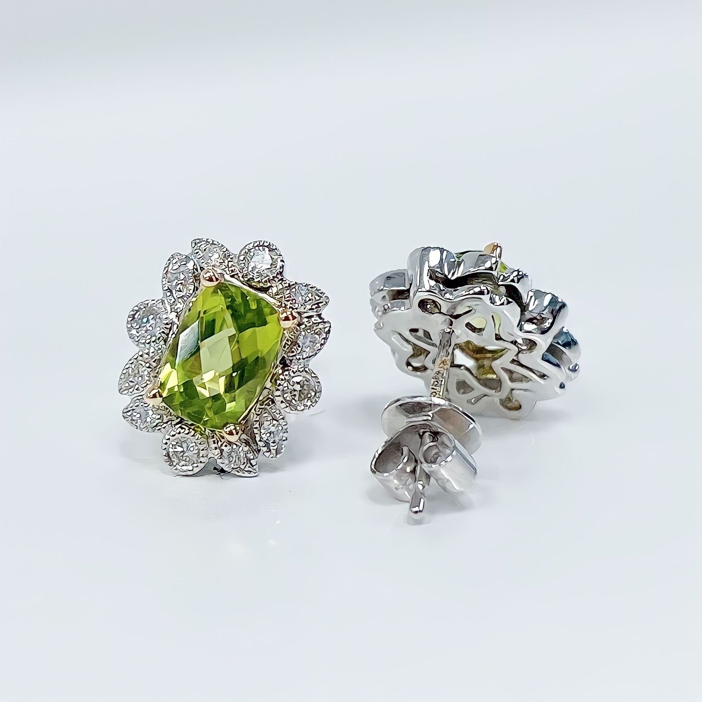 9ct White Gold Peridot and Diamond Cluster Earrings