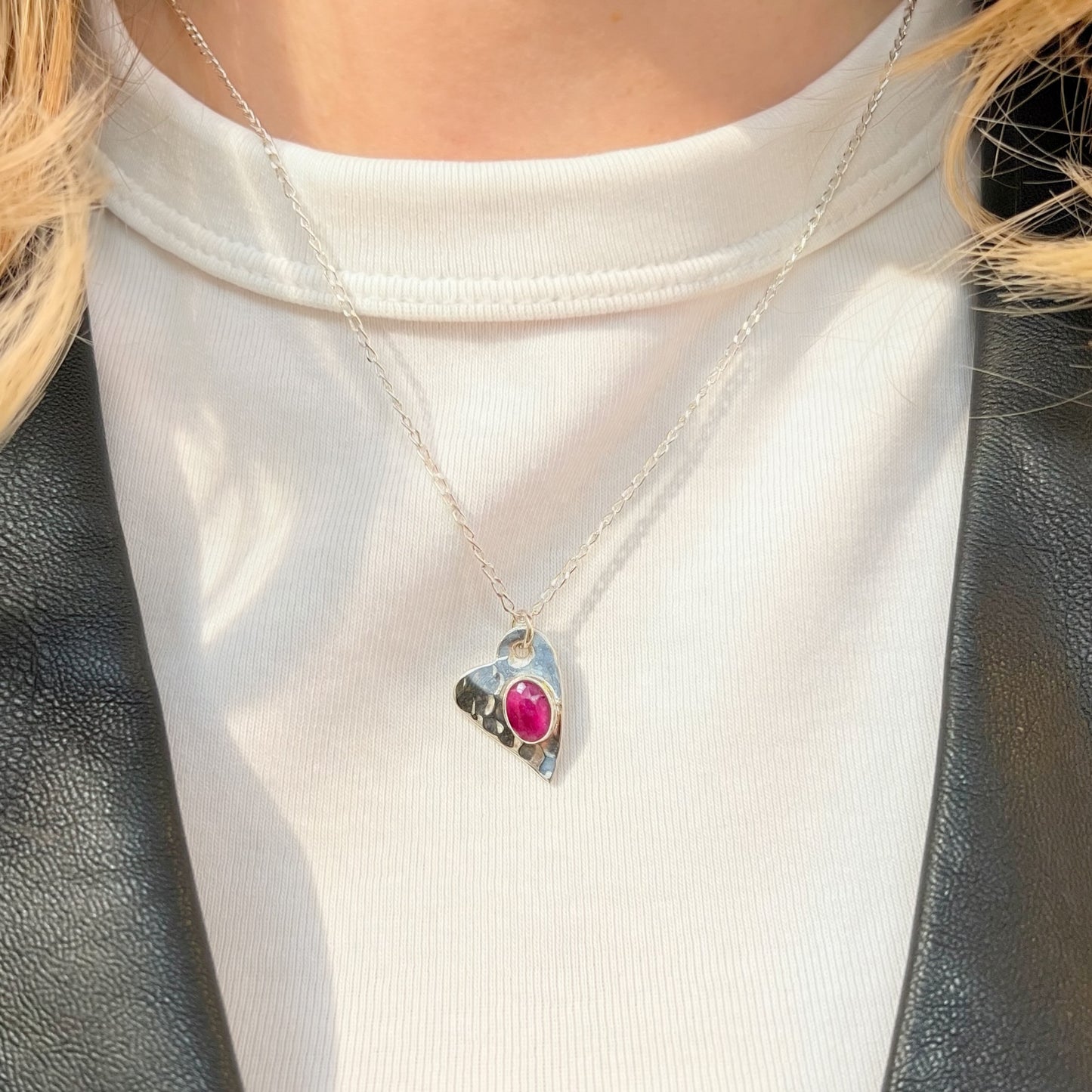 Sterling Silver Hammered Heart Ruby Necklace
