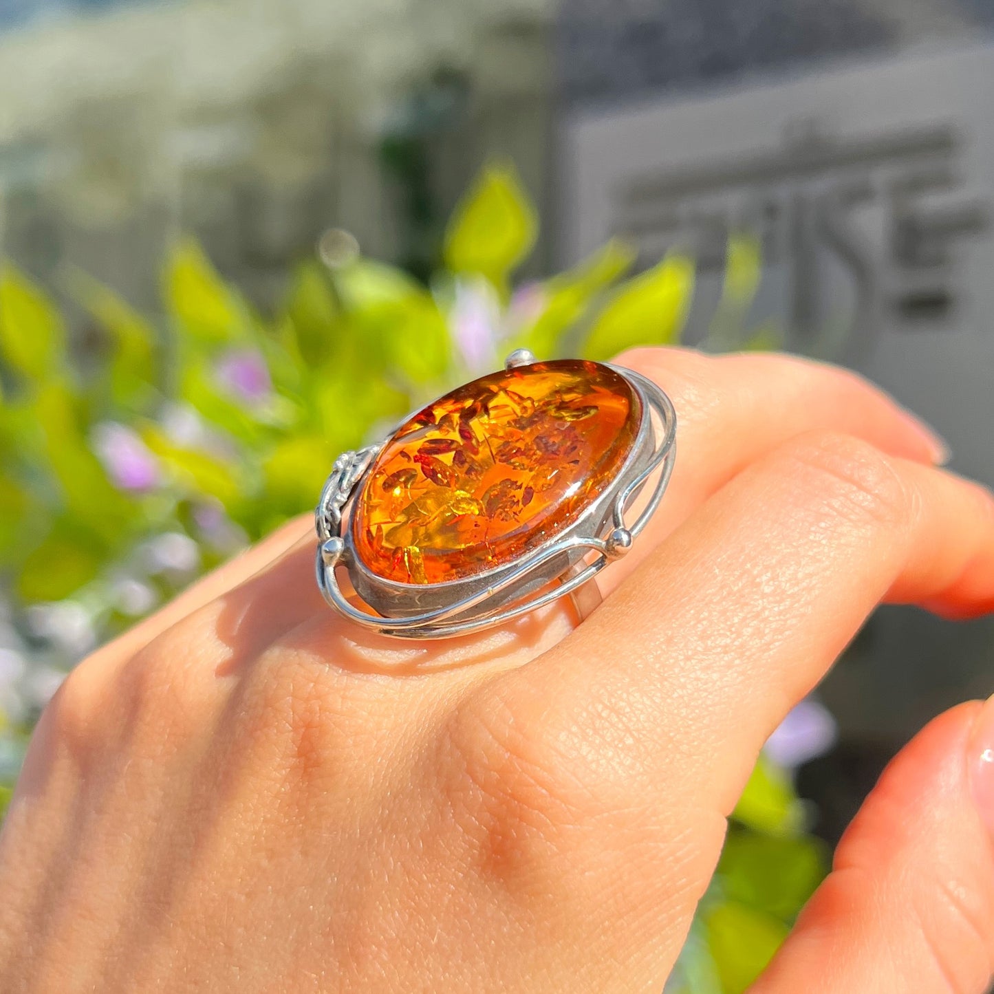 Super Chunky Sterling Silver Orange Amber Ring - Size P