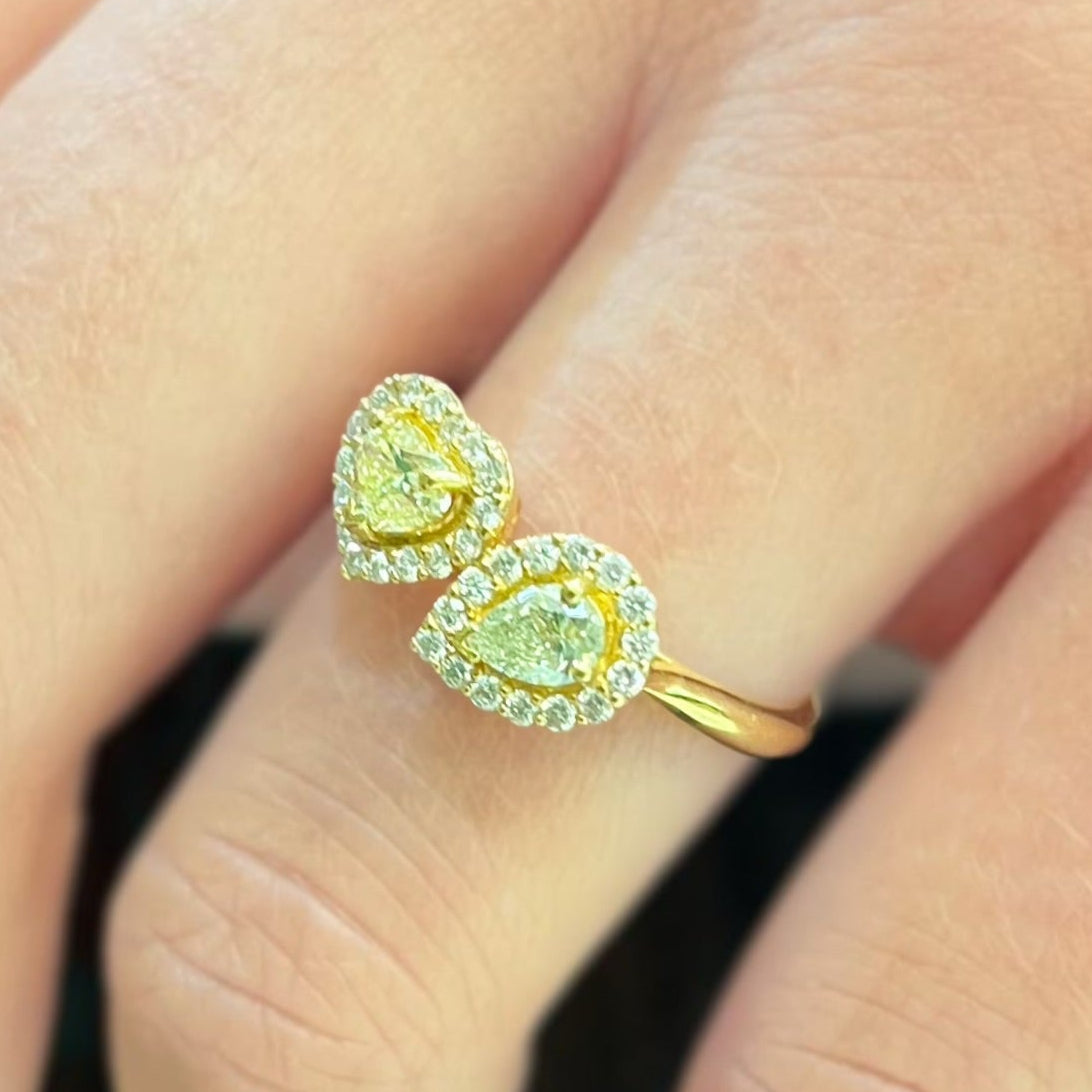 The Lovers Ring - 18ct Yellow Gold Heart & Pear Cut Toi et Moi Natural Yellow Diamond Ring - Size M ½