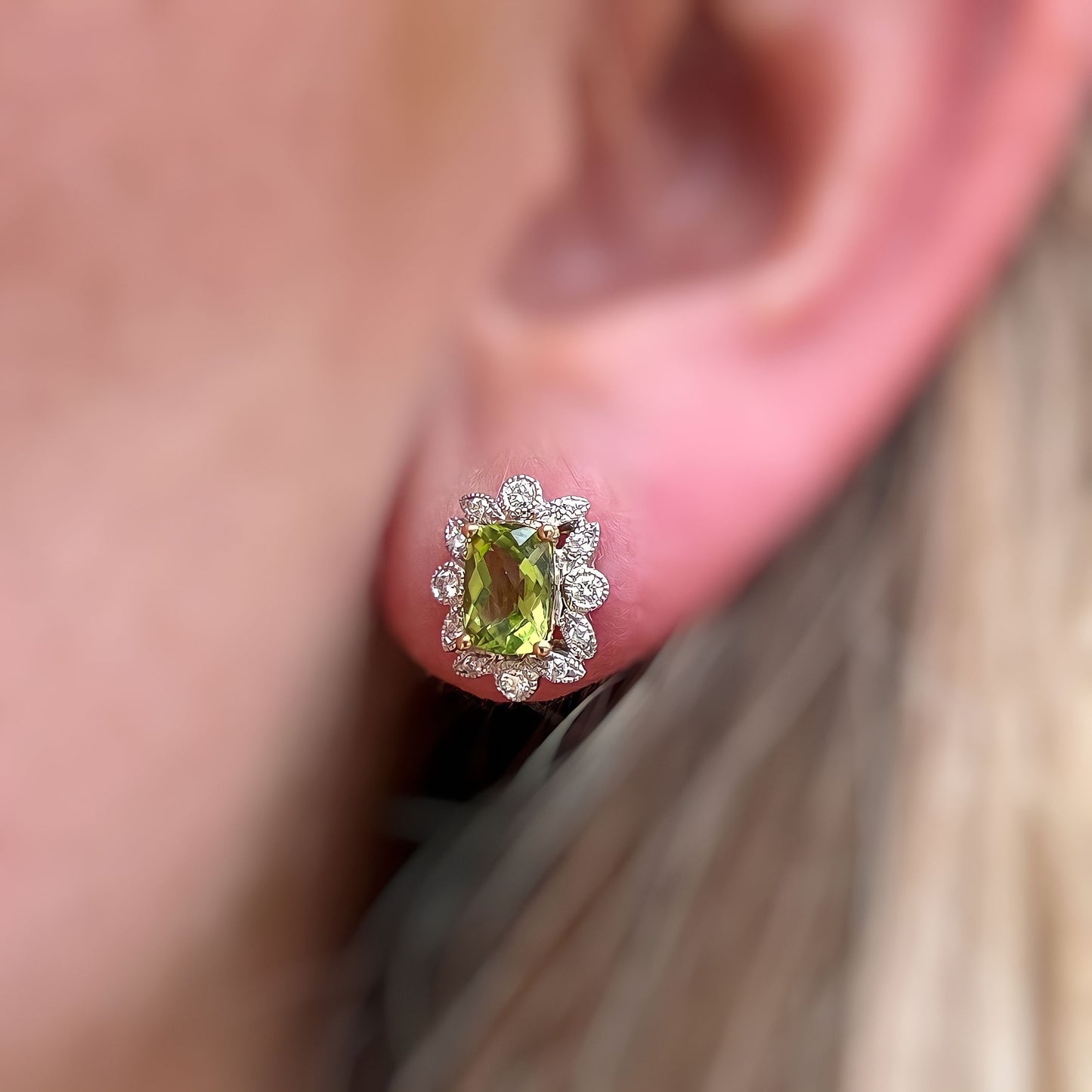 9ct White Gold Peridot and Diamond Cluster Earrings