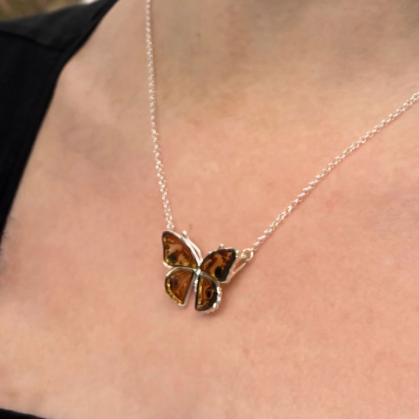 Sterling Silver Amber Peacock Pansy Butterfly Necklace