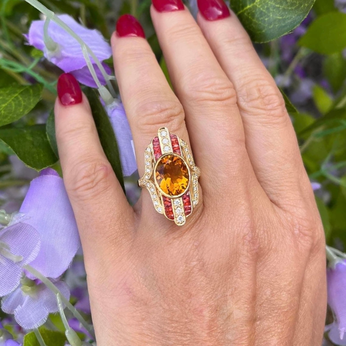 18ct Yellow Gold Citrine, Orange Sapphire & Diamond Cocktail Ring - Size M ½