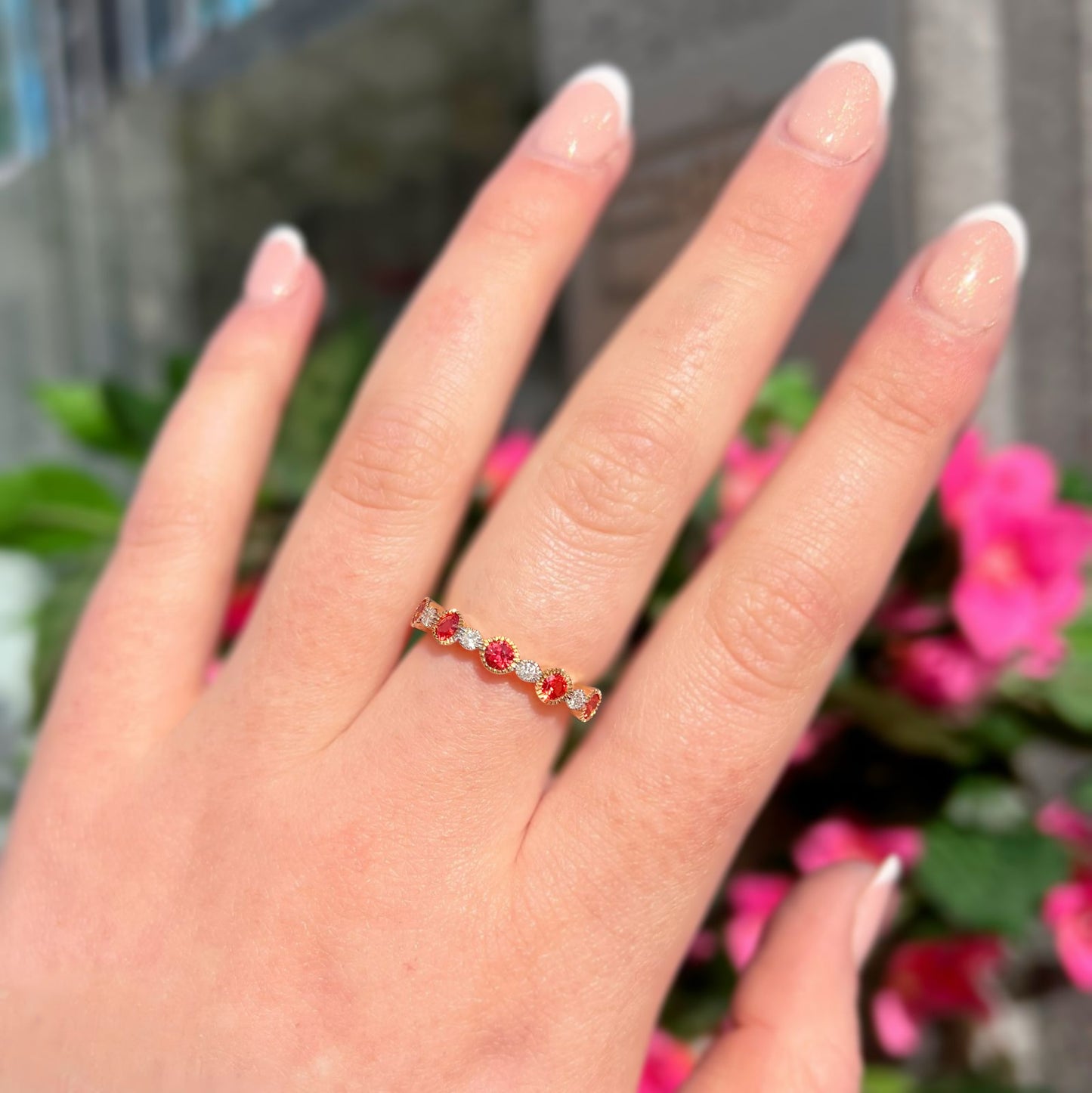 RARE 9ct Yellow Gold Orange Sapphire and Diamond Half Eternity Ring - Size O
