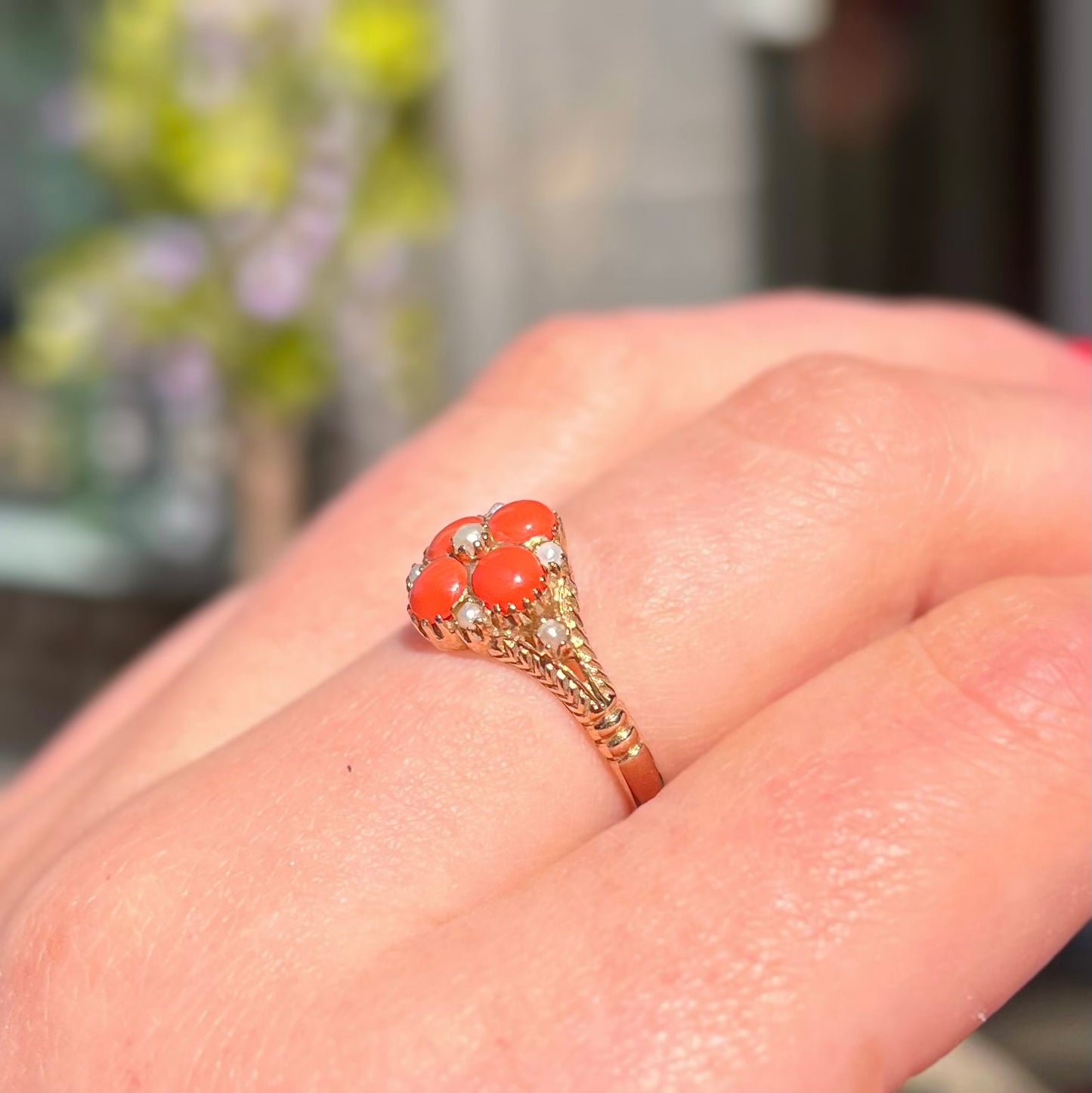 Sweet Victorian Inspired 9ct Yellow Gold Coral and Seed Pearl Cluster Ring - Size M ½