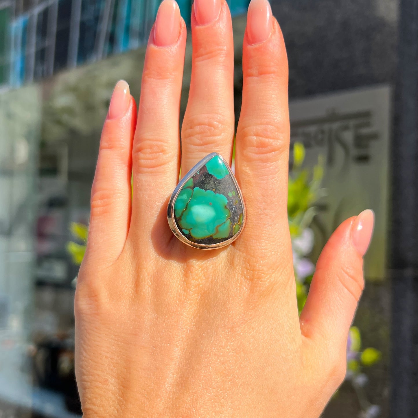 Statement Sterling Silver Pear Cut Green Turquoise Ring - Size O