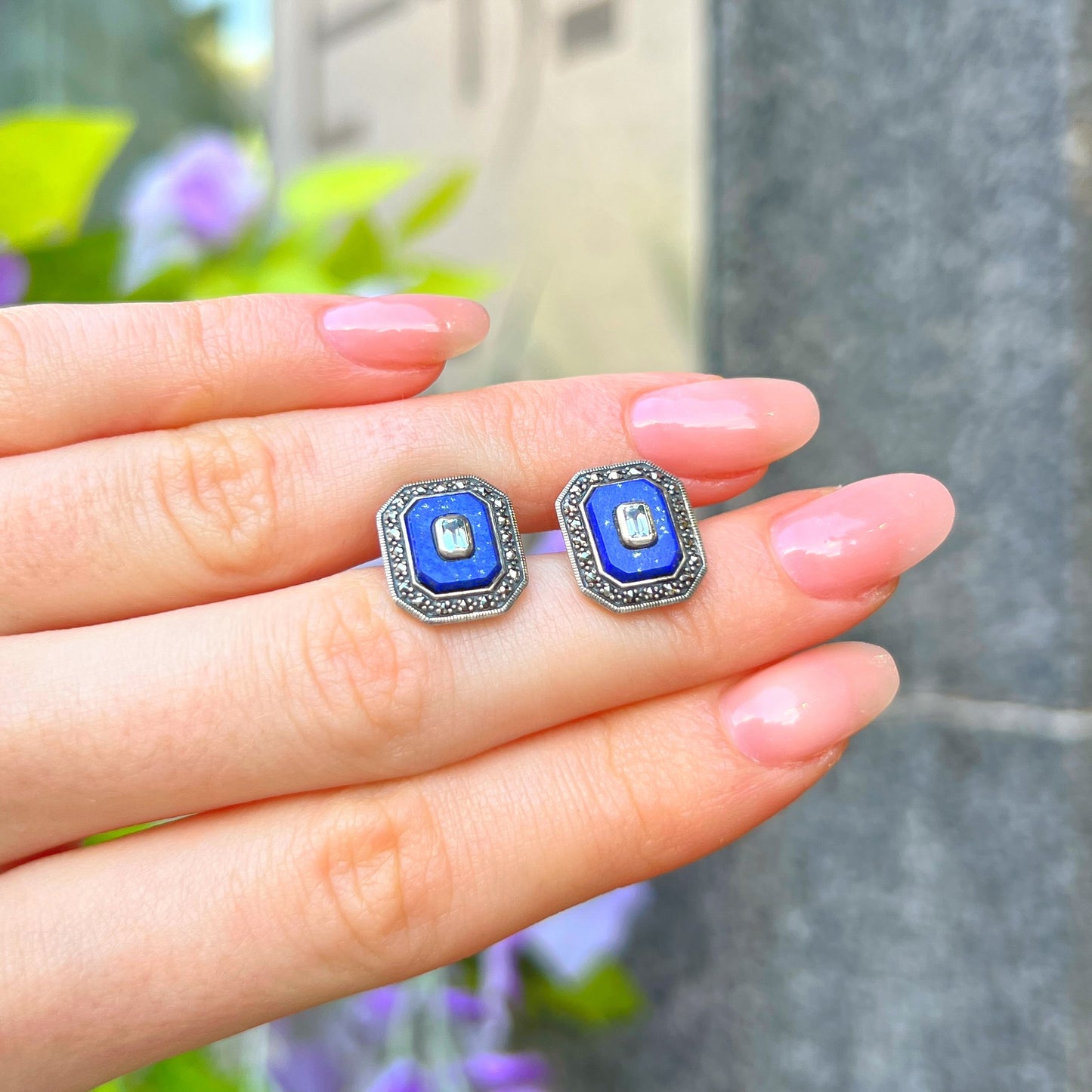 Sterling Silver Blue Lapis Lazuli, Topaz & Marcasite Square Stud Earrings