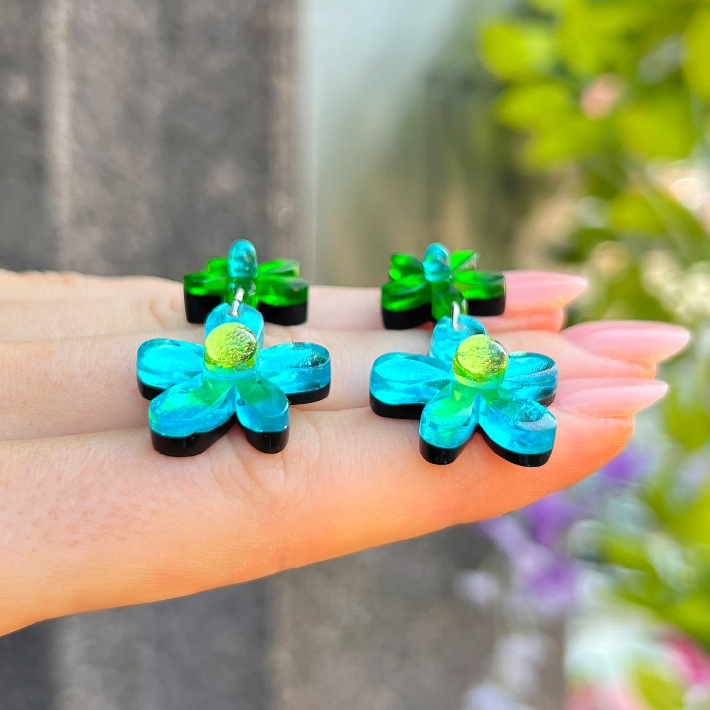 ‘Watch This Space’ Green & Blue Flower Earrings