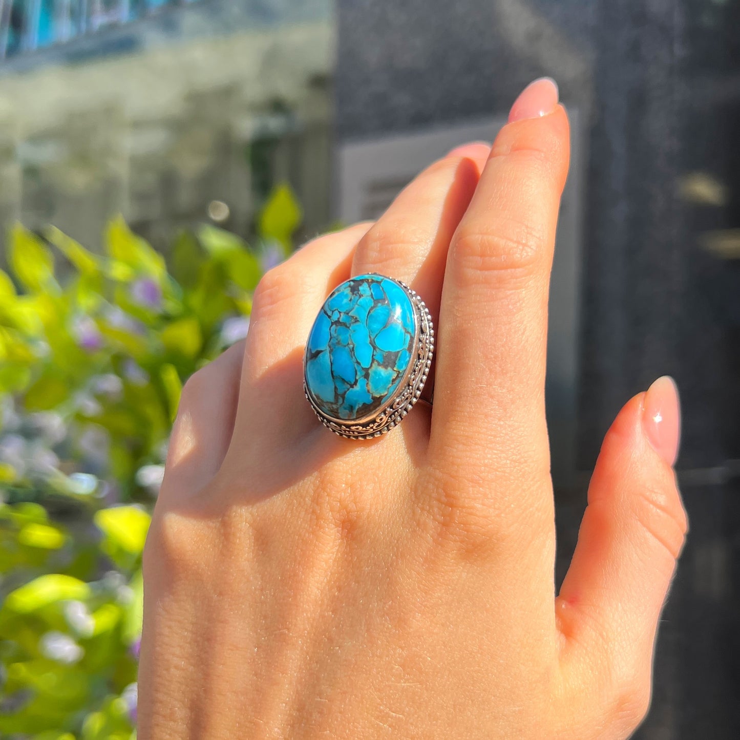 Chunky Sterling Silver Blue Turquoise Boho Ring - Size R