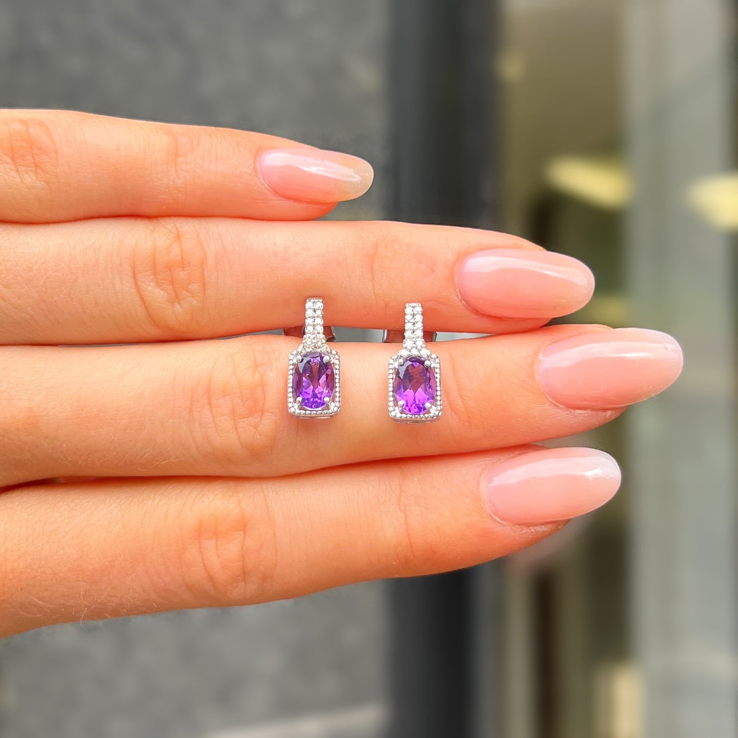 9ct White Gold Purple Amethyst & Diamond Stud Earrings