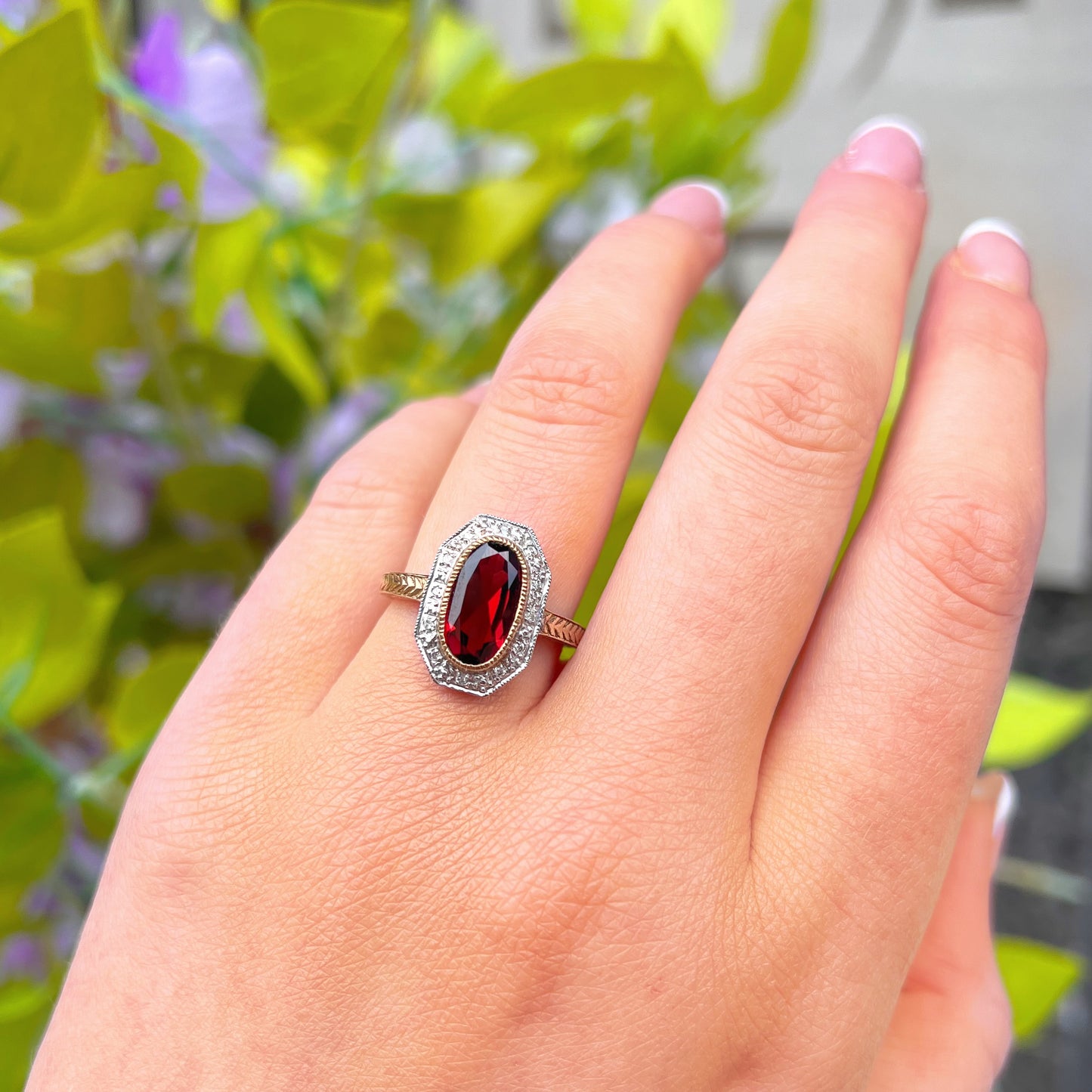 The Anna Ring - Art Deco Inspired 9ct Yellow Gold, Red Garnet and Diamond Ring Size L ½