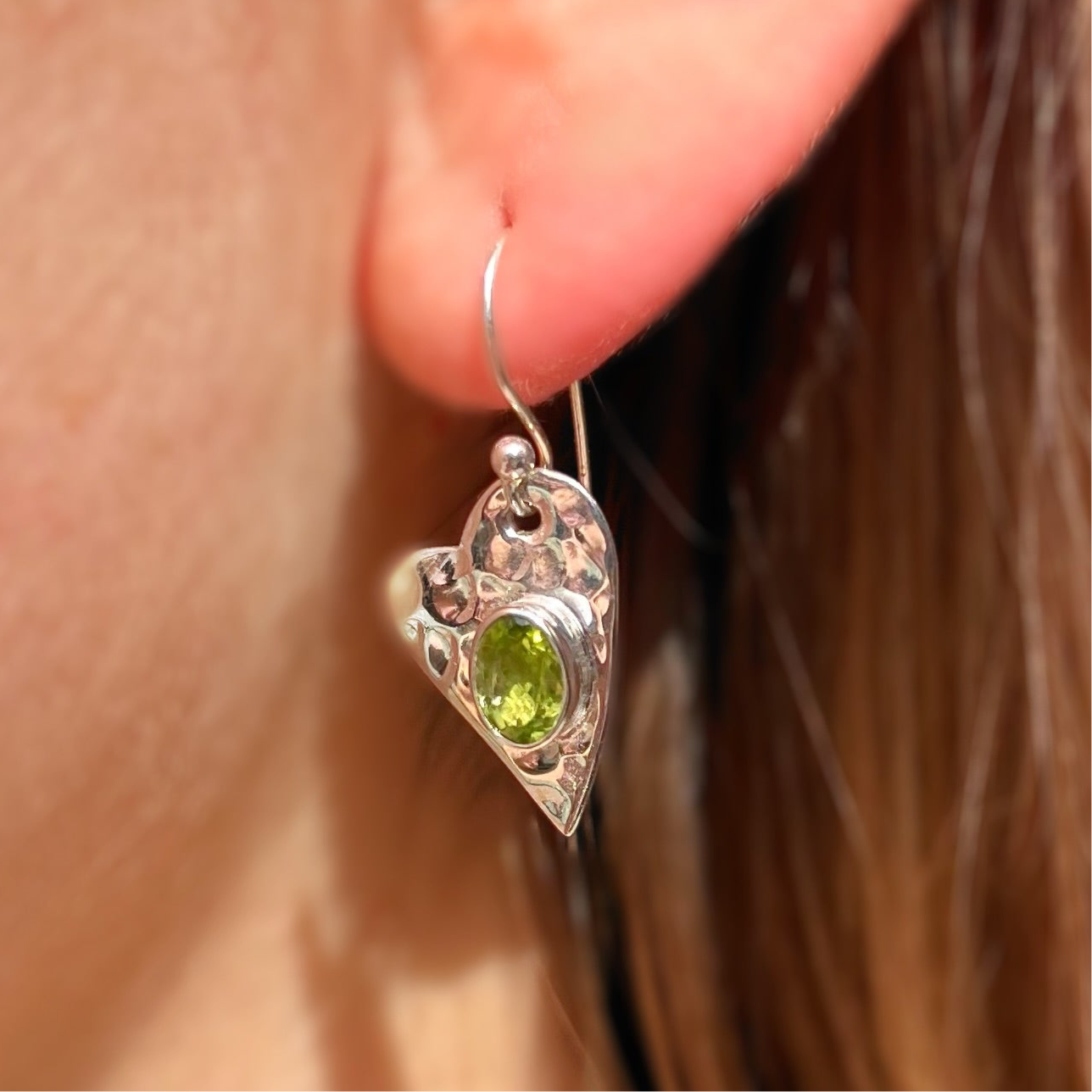 Sterling Silver Peridot Hammered Heart Drop Earrings