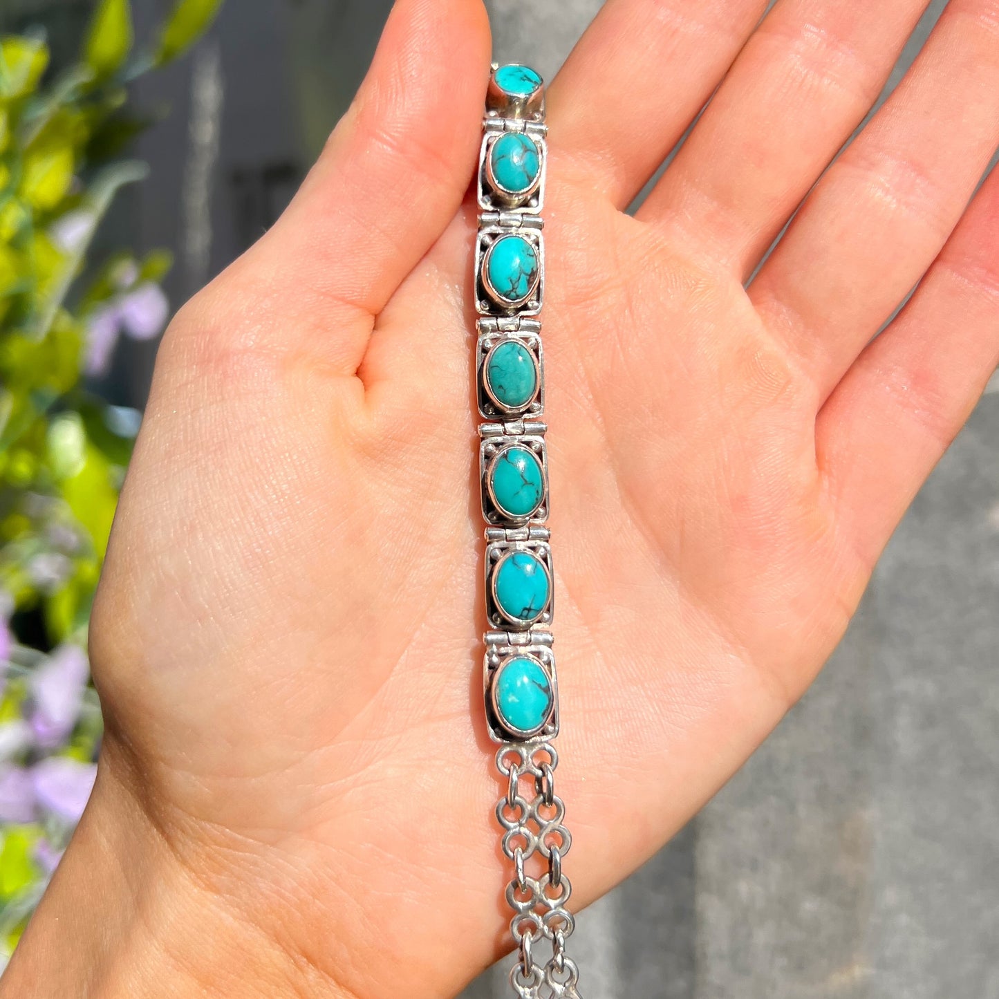 Blue Oval Cut Turquoise Sterling Silver Bracelet