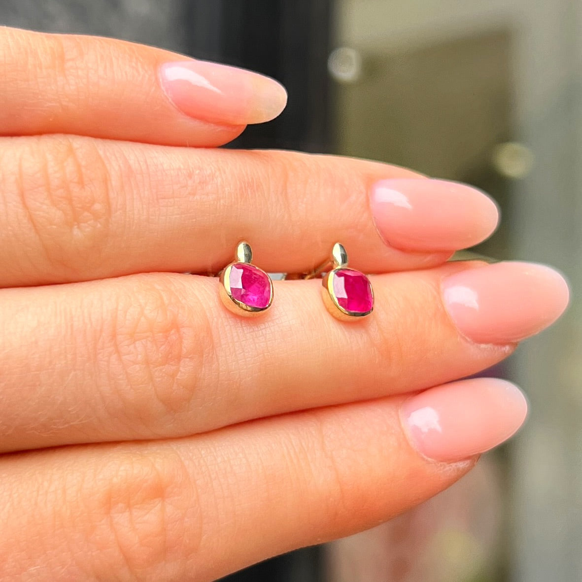 Dainty 9ct Yellow Gold Pink Ruby Square Stud Earrings