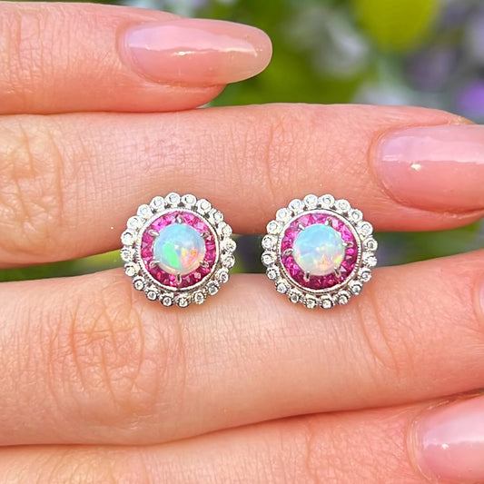 18ct White Gold Red Ruby, Diamond & Opal Halo Stud Earrings