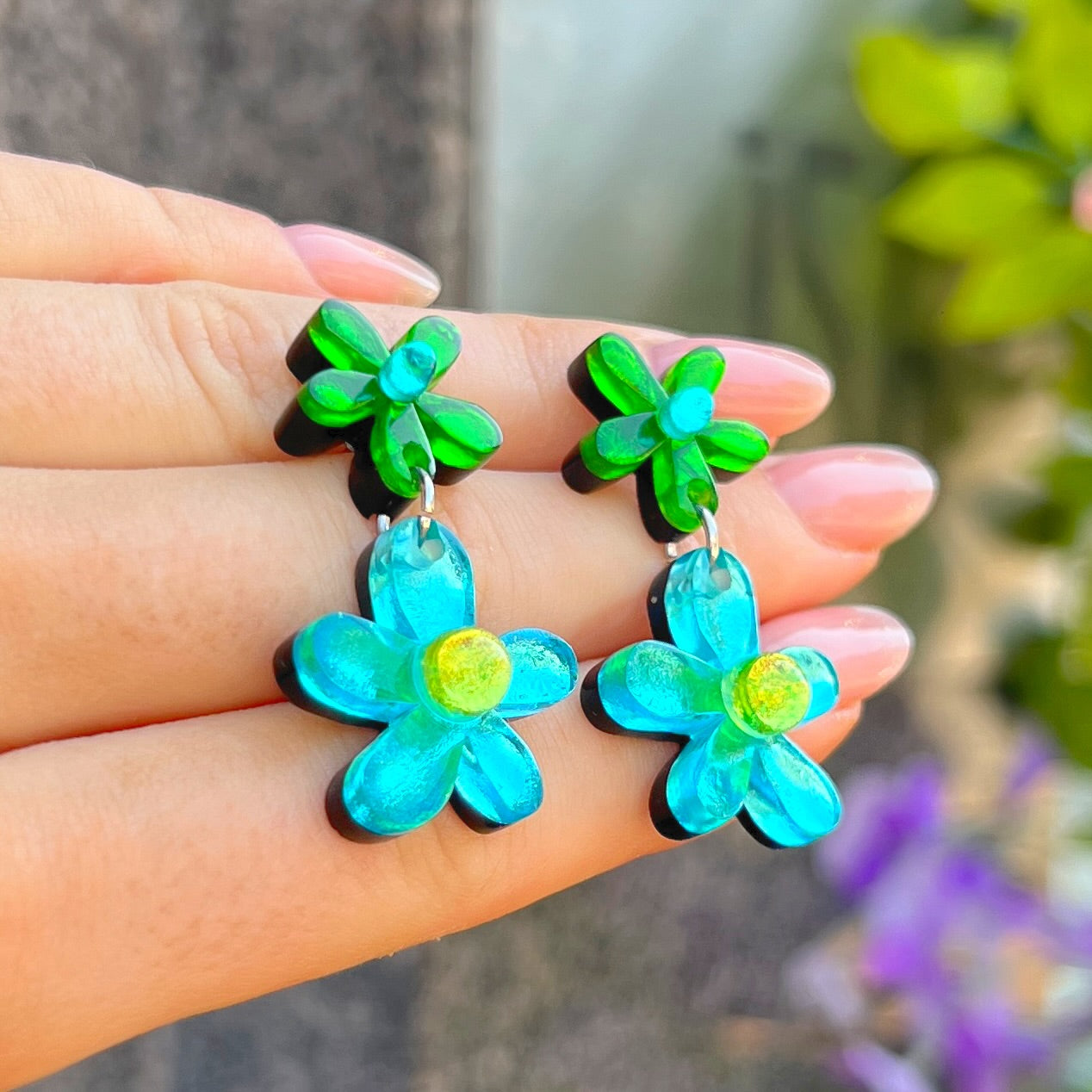 ‘Watch This Space’ Green & Blue Flower Earrings