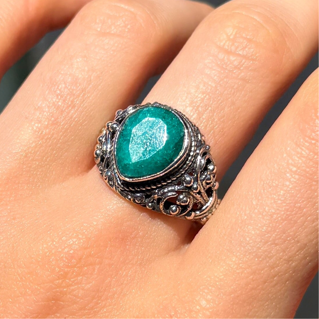 Green Emerald Sterling Silver Boho Ring