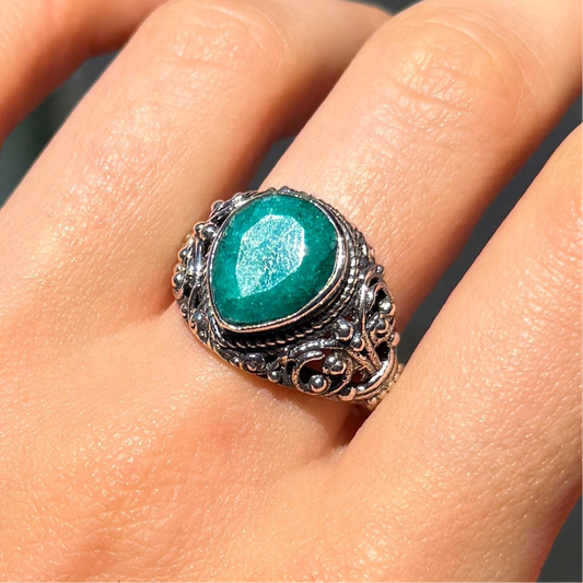 Green Emerald Sterling Silver Boho Ring
