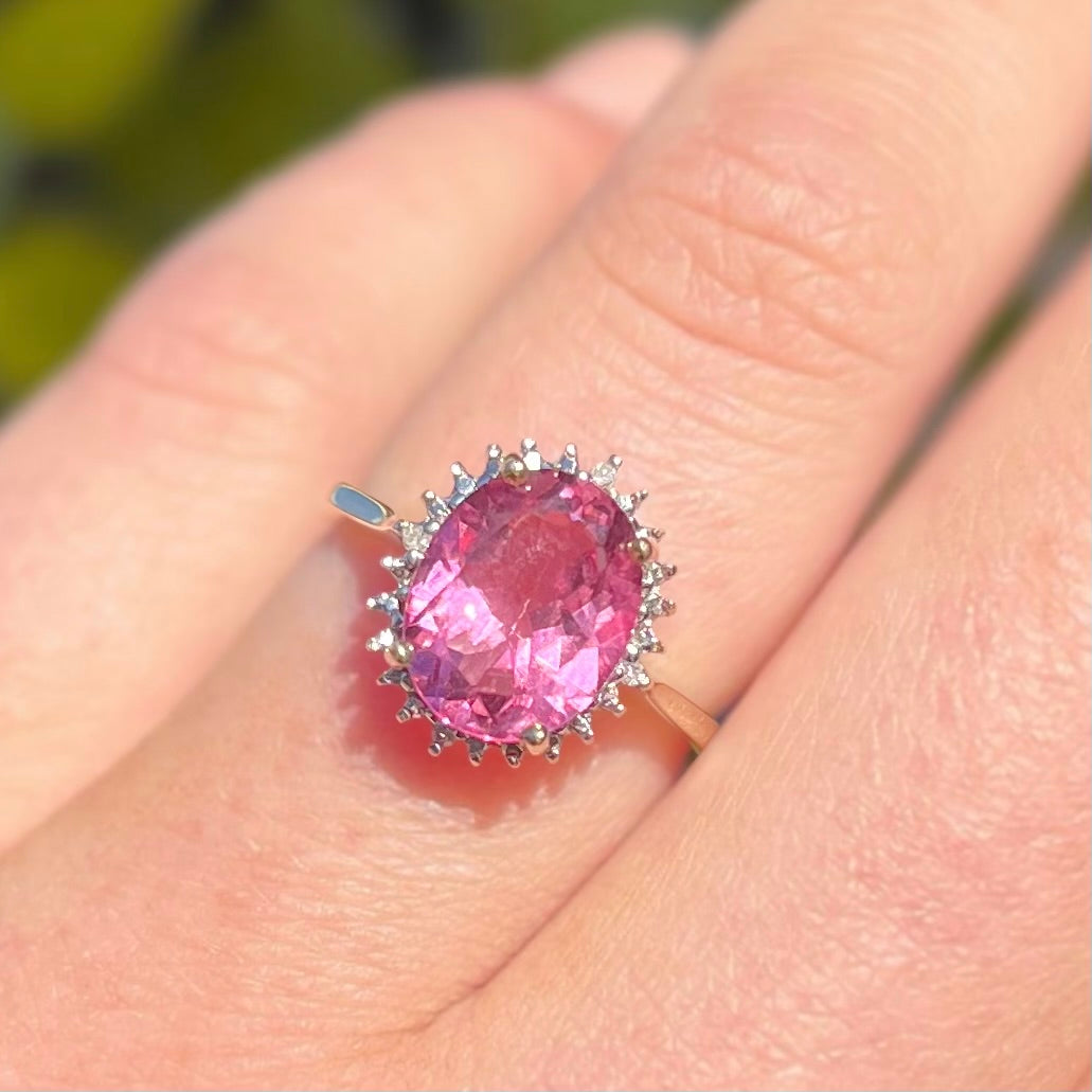 Vintage 9ct Yellow Gold Pink Topaz and Diamond Halo Dress Ring - Size J ½