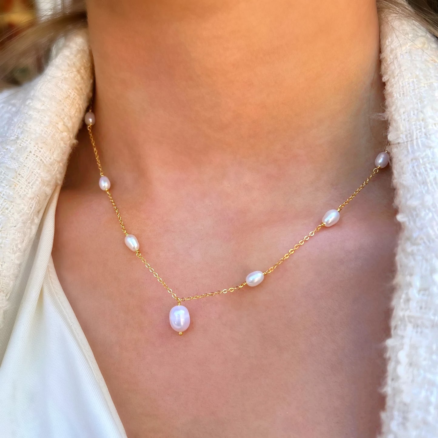 Dainty 9ct Gold Plated Pearl Chain Necklace