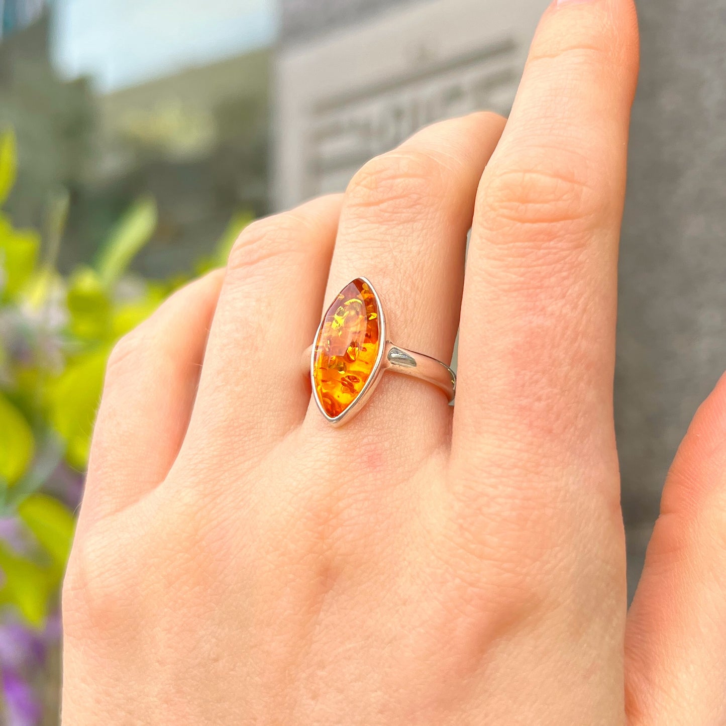 Sterling Silver Orange Amber Marquise Cut Ring - Size M