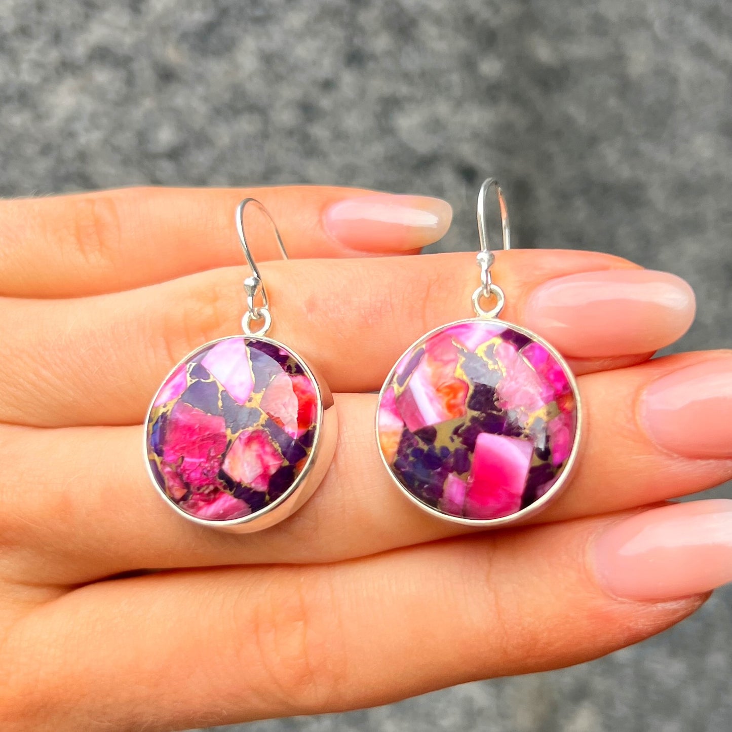 RARE Pink & Purple Dahlia Turquoise Sterling Silver Drop Earrings